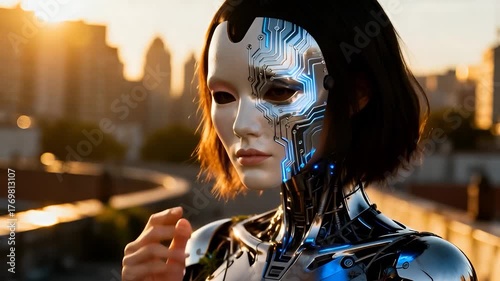 A futuristic cyborg woman holds a glowing circuit mask at sunset, blending human and robotic features against a city skyline