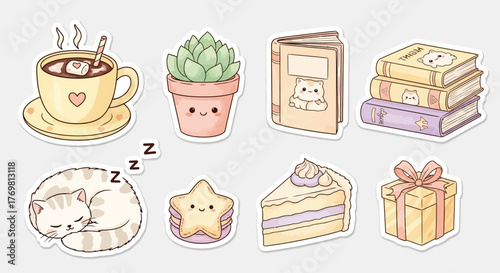 A collection of cute, kawaii-style illustrations featuring a steaming mug of hot chocolate with marshmallows, a potted succulent, two books, a sleeping cat, ...