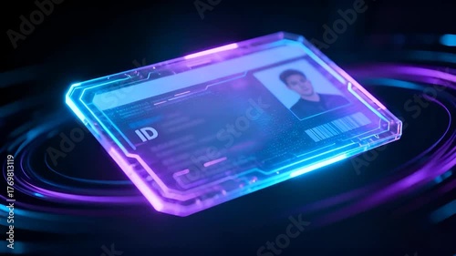 A futuristic holographic digital ID card glows with neon blue and purple hues, featuring a barcode, circuit pattern, and a person's portrait, embodying advanced cybersecurity technology