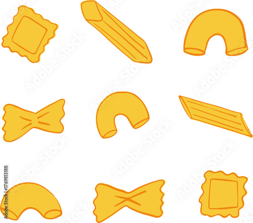 A collection of various types of yellow pasta with an orange outline. Hand-drawn doodle illustrations.