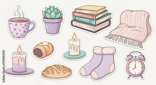 Cozy Comforts A Sticker Set of Warm Beverages, Books, and Relaxing Essentials