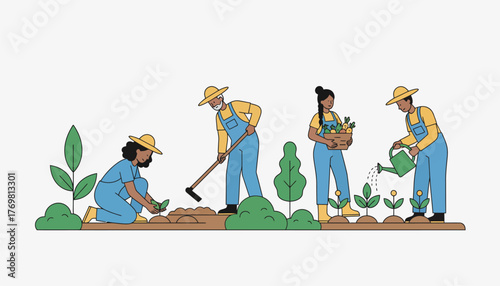 Diverse group of farmers working together in a community garden, planting seedlings, tilling soil, watering and harvesting fresh vegetables to show teamwork and sustainable organic farming