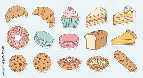 A collection of various baked goods, including pastries, cakes, and cookies, presented on a light blue background.