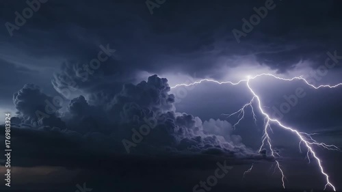 Powerful lightning bolt strikes through dramatic stormy dark clouds, illuminating the night sky with intense electrical energy and foreboding atmosphere