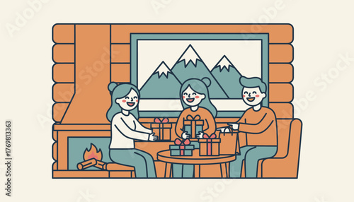 A cheerful group of friends laughing and exchanging gifts in a cozy cabin with a backdrop of snowcovered mountains visible through the window.