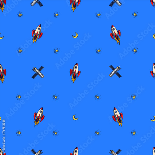 Hand drawn space doodles seamless patterns in sketchy style with rocket astronaut or spaceman, planets and telescope. science elements for kids and educational content