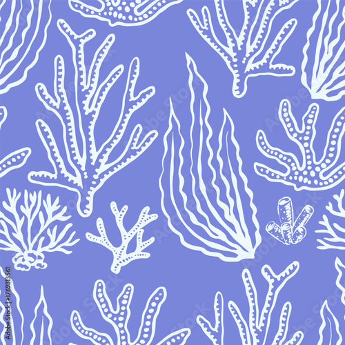 Corals and seaweed seamless pattern. Abstract Botanical Illustration. Underwater sea plants and flora. Hand Drawn 