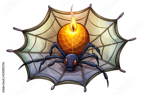 Delicate spider web with black spider and candle isolated on white background symbolizing haunted atmosphere