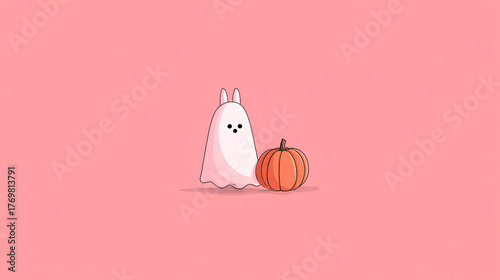 Cute bunny ghost and pumpkin celebrating halloween on a pink background