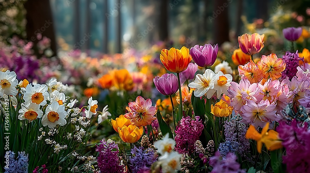 Fototapeta premium Purple tulips with daffodils high resolution picture