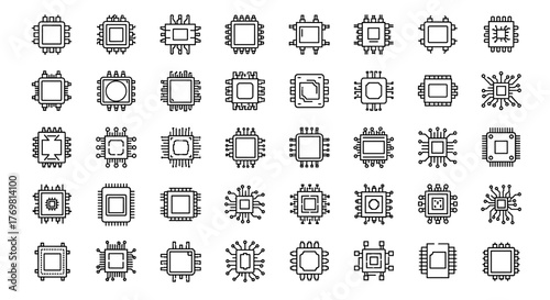 Collection of minimalistic linear pictograms representing computer chips and electronic schemes, featuring editable strokes and a cartoonish vector style, ideal for designing cards, apps, banners