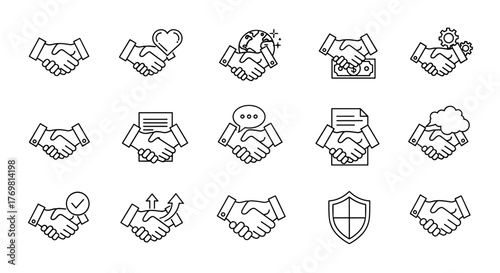 A comprehensive collection of handshake-related line icons, featuring editable strokes, perfect for infographics, articles, books, flyers, and banners, presented as a vector cartoon illustration with