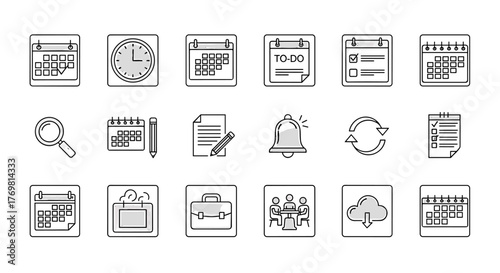 Set of calendar-related line icons, outline signs for graphic and web design, apps, adverts, various cards, vector cartoon illustration with a white background. Includes icons for planning, to-do