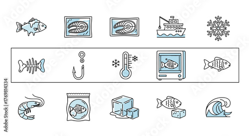 A vibrant set of line icons depicting various aspects of frozen fish and seafood, including whole fish, fish steaks, a fishing boat, snowflakes, fish bones, hooks, thermometers, frozen food