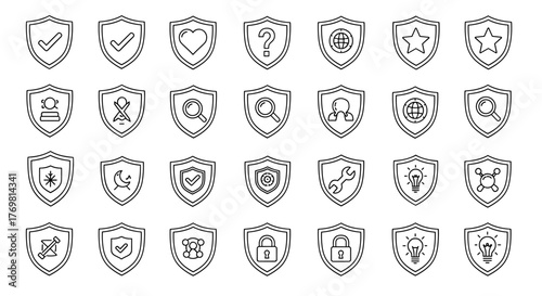 Collection of 30 shield-shaped icons with editable strokes, perfect for web, books, cards, and apps, featuring diverse symbols like checkmarks, hearts, question marks, magnifying glasses, locks