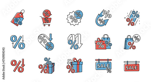 Vibrant collection of line icons symbolizing sales and discounts, featuring percentage signs, shopping bags, gift boxes, price tags, and sale signs. Perfect for infographics, articles, books, flyers