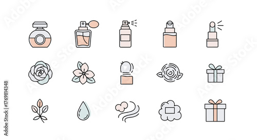 Collection of minimalistic perfume and beauty icons, including various perfume bottles, lipstick, roses, flowers, leaves, gift boxes, and scent clouds, presented in a clean, modern cartoon style with