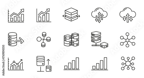 Scalability and scalable system line art vector icons for apps and websites, representing data storage, cloud computing, and performance analytics, presented as a clean, ordered icon set on a white