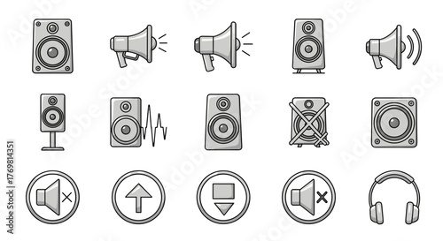 Collection of stylized, modern line icons representing various audio and sound-related elements, including speakers, megaphones, headphones, volume controls, and sound waves, presented in a clean
