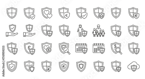 Collection of shield and insurance line icons, featuring outline signs for graphic and web design, apps, adverts, various cards, and vector cartoon illustrations, symbolizing protection and security