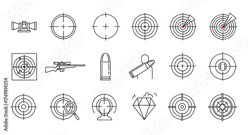 Collection of outline icons representing sniper targets, aiming scopes, rifle sights, bullets, and a diamond, perfect for infographics, articles, books, flyers, and banners, with editable stroke for