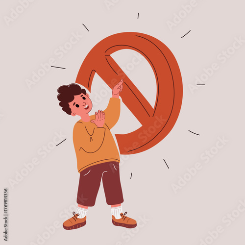 Vector illustration of boy holding a prohibition sign symbolizing restriction, warning, or protest.