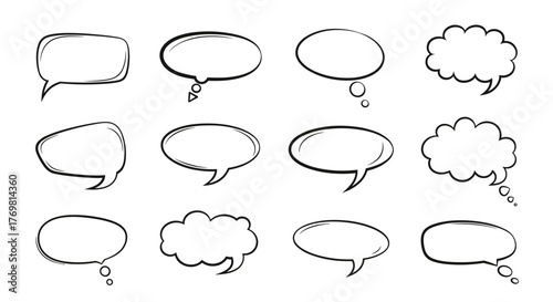 Collection of twelve hand-drawn speech bubbles and thought bubbles with editable stroke, perfect for infographics, articles, books, flyers, banners, and web design, representing communication and