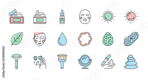 A collection of minimalistic linear pictograms representing a skin care line, perfect for web and graphic design, apps, banners, social networks, and cards. This vector cartoon illustration set