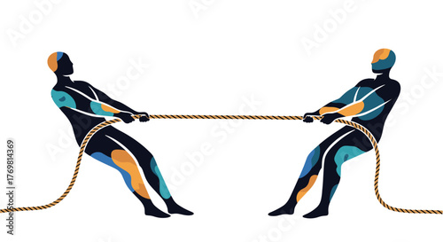 Dynamic illustration of two stylized figures engaged in a tug-of-war, symbolizing conflict, competition, and opposing forces, rendered in a modern, abstract style with vibrant blue and orange shapes
