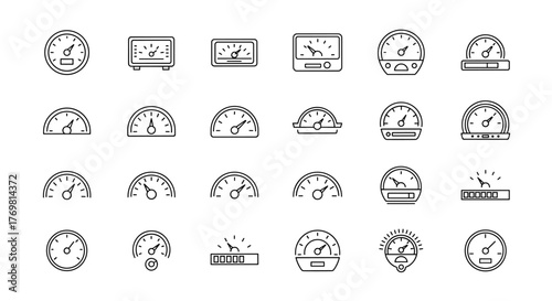 Speedometer line icon bundle, featuring a variety of outline signs for graphic and web design, apps, adverts, and various cards. This vector cartoon illustration showcases different gauge types