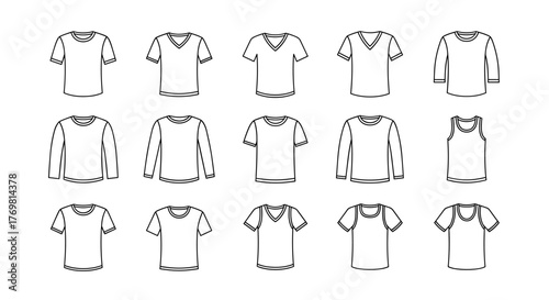 Collection of simple linear outline t-shirt designs, including crew neck, v-neck, and tank tops, perfect for web, books, cards, and apps, editable stroke, vector cartoon illustration, versatile