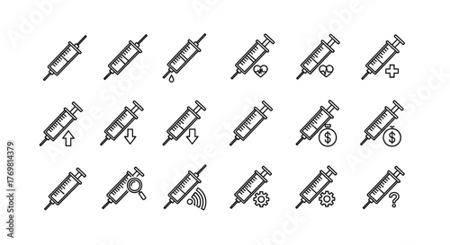 A collection of 16 outline linear syringe symbols, perfect for graphic and web design, apps, adverts, and various cards. This vector cartoon illustration features diverse icons representing medical