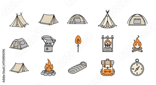 Set of thin line icons for camping and outdoor activities, including various tent types, campfire, sleeping bag, backpack, compass, and portable stove. Perfect for graphic design, web, apps, and