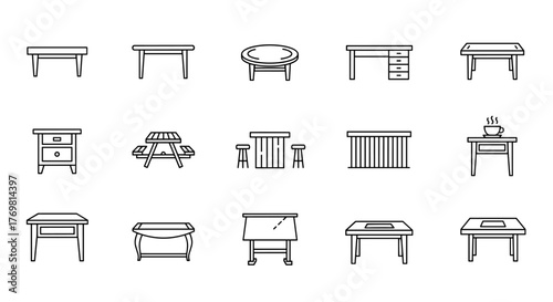 Collection of thin line icons representing various types of tables, including dining tables, coffee tables, desks, and bar tables, suitable for web, print, and app design, presented as editable