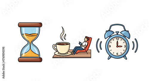 A charming cartoon illustration set featuring three distinct icons representing time management and daily routines: an hourglass symbolizing the passage of time, a steaming cup of coffee next to a