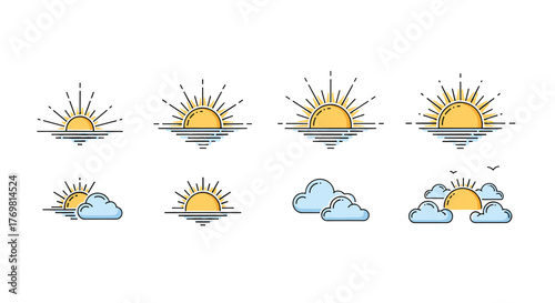 Set of stylized sun and cloud icons representing different weather conditions and times of day, perfect for weather apps, graphic design, or educational materials. Each icon features a vibrant yellow