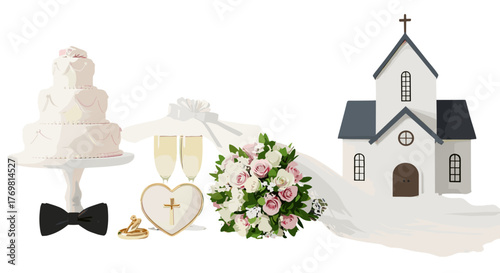 A comprehensive collection of wedding-themed vector icons, including a tiered cake, champagne flutes, rings, a bouquet, a bow tie, a heart with a cross, and a charming church, all presented on a