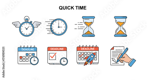 Set of quick time icons, symbolizing speed, deadlines, and efficiency. Includes flying stopwatch, fast clock, hourglass, calendar with deadlines, and a rocket launch, representing project completion