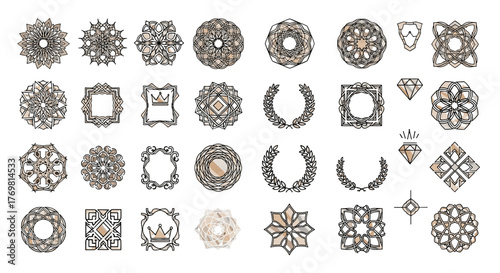Collection of 30 abstract luxury geometric patterns and ornamental elements, including mandalas, frames, crowns, diamonds, and laurel wreaths, presented on a black background with a metallic gold and