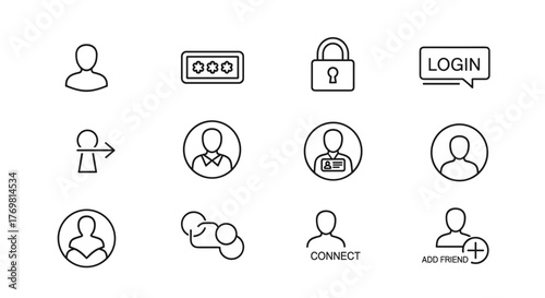 User account icon set featuring profile, password, login, username, avatar, connect, add friend, and more. Solid vector icons collection for digital interfaces, representing authentication