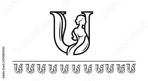 Elegant monogram letter U logo design featuring a graceful woman silhouette, symbolizing beauty and femininity. This vector cartoon illustration, set against a clean white background, is perfect for