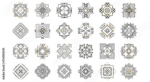 Collection of 24 Abstract Luxury Geometric Patterns, Vector Cartoon Illustrations with a White Background, Ordered Set of Line Icons, Minimalist Design Elements, Modern Ornaments, Futuristic Motifs