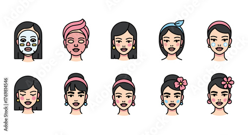 Set of ten diverse cartoon female faces with various hairstyles and beauty treatments, including sheet masks, headbands, and skincare routines, presented as clean vector icons on a white background