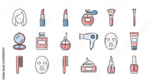 Set of cartoon vector illustrations representing beauty and cosmetic products, including lipsticks, perfumes, makeup brushes, hair dryer, face masks, combs, creams, and nail polish, perfect for