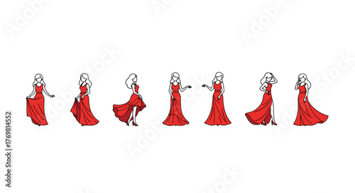 Set of seven elegant women in flowing red evening gowns, depicted in a minimalist line art style with a vibrant red fill, showcasing diverse graceful poses and movements, perfect for fashion, beauty