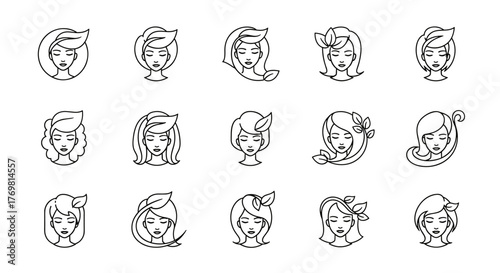 Set of 15 stylized female faces with leaf motifs, presented as clean white line art icons on a black background, perfect for beauty, wellness, and natural product branding, conveying elegance and