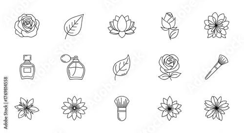 Set of elegant line art icons representing beauty and floral elements, including roses, lotus flowers, perfume bottles, makeup brushes, and leaves, perfect for branding, logos, and design projects