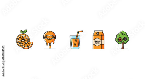 Set of five flat design orange juice icons, including a sliced orange, a dripping orange, a glass of juice with a straw, a carton of orange juice, and an orange tree, presented on a clean white