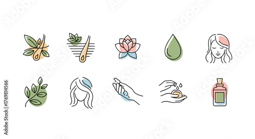 Set of 10 minimalist, pastel-colored line icons representing natural beauty and self-care, including botanical elements, a lotus flower, a drop of oil, a silhouette of a woman's head, hands applying
