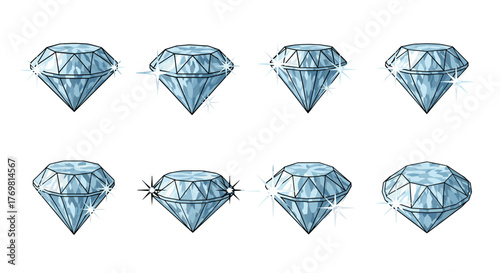 A stunning collection of eight sparkling, faceted diamonds, rendered in a vibrant, cartoonish illustration style with a clean white background, perfect for luxury branding, jewelry design, or